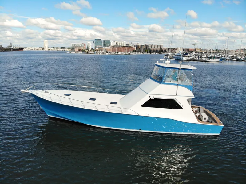 Slide: The Image of 2004 Chesapeake 58 boat on water with city skyline in background. - 5
