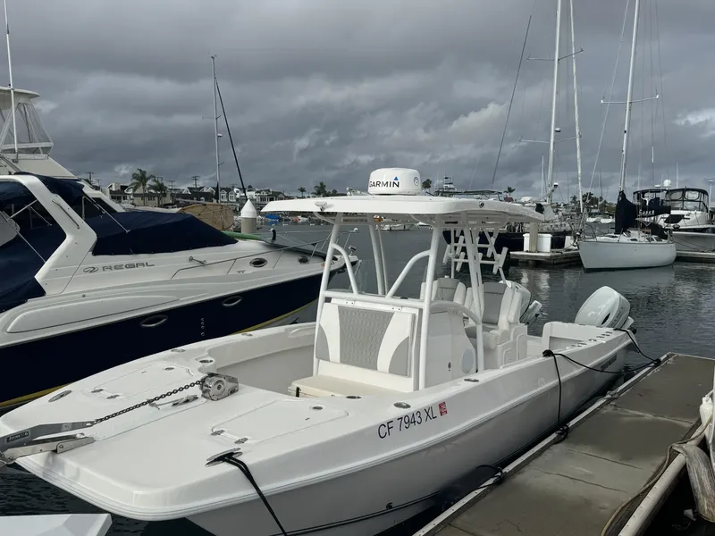 Slide: The Image of 2021 Twin Vee Catamaran docked at marina, overcast sky, surrounded by other boats. - 15