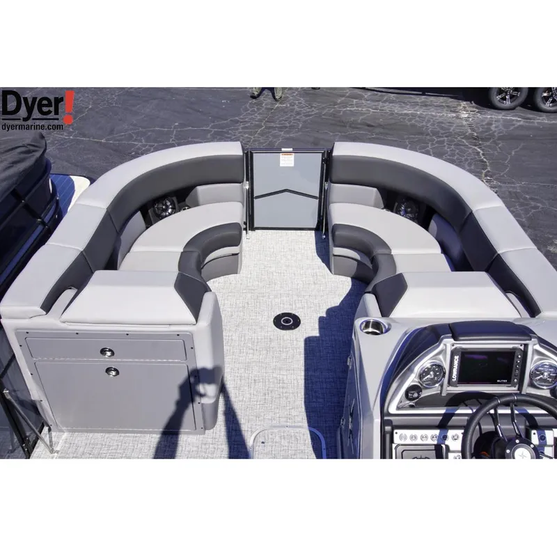Slide: The Image of 2024 Berkshire 23SBE STS3-93 pontoon boat with spacious seating and modern dashboard. - 5