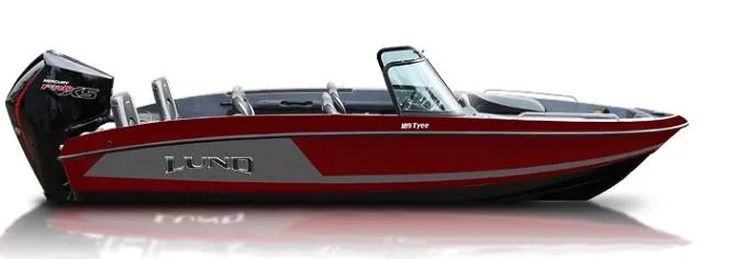 Slide: The Image of 2025 Lund 189 Tyee GL boat, red and gray, side view. - 26