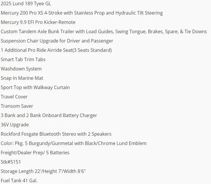 Slide: The Image of 2025 Lund 189 Tyee GL boat features and specifications list. - 4