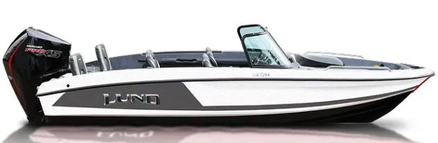 Slide: The Image of 2025 Lund 189 Tyee GL boat, sleek design, side view, white and black color scheme. - 31