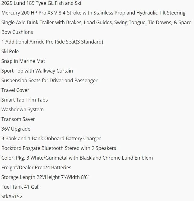 Slide: The Image of 2025 Lund 189 Tyee GL Fish and Ski boat features and specifications list. - 5