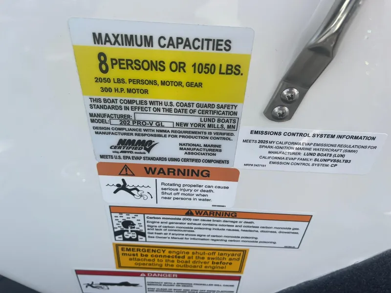 Slide: The Image of 2025 Lund 202 Pro-V GL capacity label, 8 persons or 1050 lbs, safety warnings visible. - 42