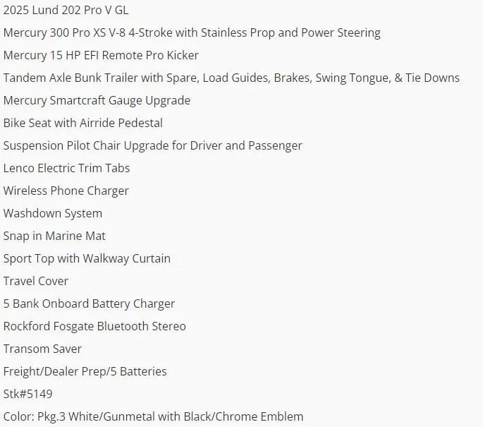 Slide: The Image of 2025 Lund 202 Pro-V GL boat features and specifications list. - 6