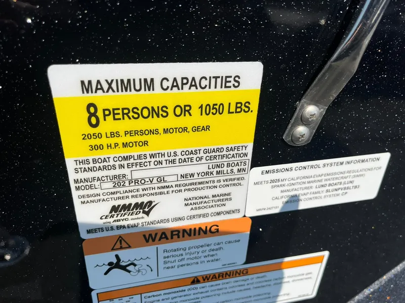 Slide: The Image of 2025 Lund 202 Pro-V GL capacity label: 8 persons, 1050 lbs, 300 HP motor. - 42