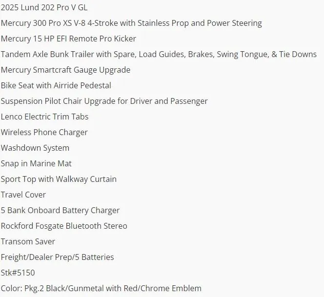 Slide: The Image of 2025 Lund 202 Pro-V GL boat features and specifications list. - 5