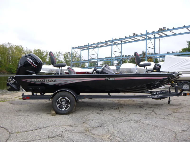 Slide: The Image of 2024 Ranger RT188 boat, black exterior, parked on a trailer. - 0
