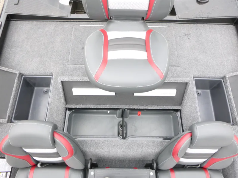 Slide: The Image of 2024 Ranger RT188 boat interior with gray and red seating, storage compartments. - 12