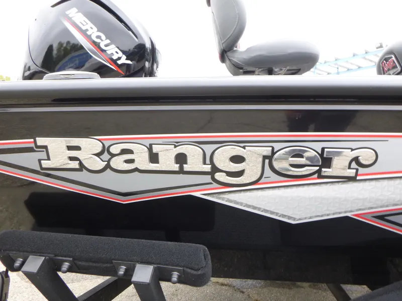 Slide: The Image of 2024 Ranger RT188 boat with Mercury engine, close-up of logo and design. - 14