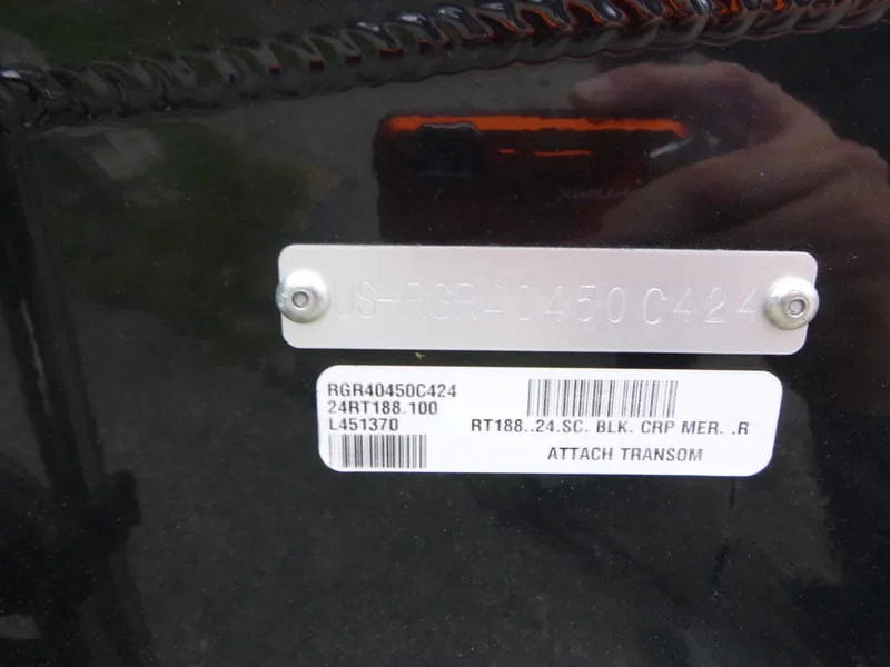 Slide: The Image of 2024 Ranger RT188 boat identification plate with serial numbers and model details. - 16