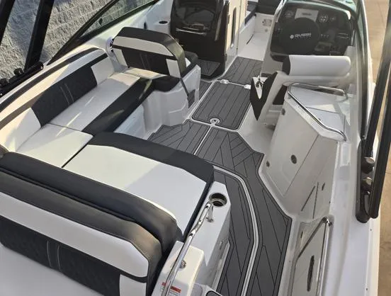 Slide: The Image of 2025 Monterey M4 boat interior with sleek seating and modern design. - 8
