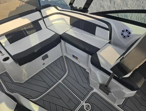 Slide: The Image of 2025 Monterey M4 boat interior with sleek seating and modern design. - 9