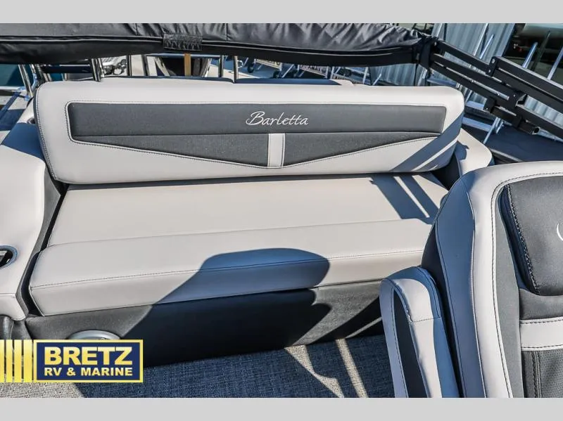 Slide: The Image of 2025 Cabrio Ultra-Lounge C24UC boat seating, Barletta branding, Bretz RV & Marine logo. - 15