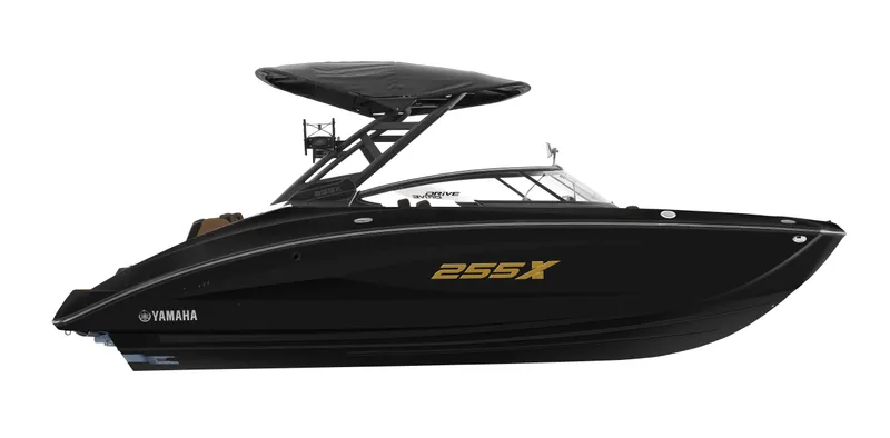 Slide: The Image of 2025 Yamaha Boats 255XD, sleek black design, side view, modern features. - 6