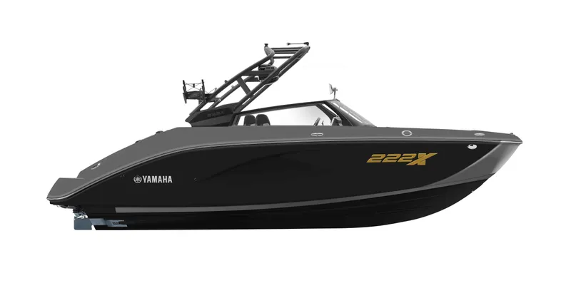 Slide: The Image of 2025 Yamaha Boats 222XD, sleek black design, side view. - 1
