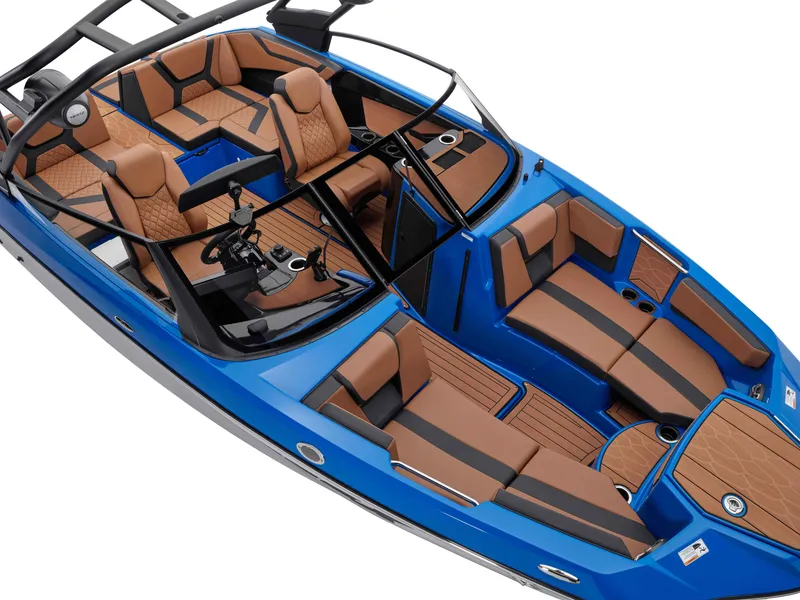 Slide: The Image of 2025 Yamaha Boats 222XD, blue and brown interior, luxury seating arrangement. - 35