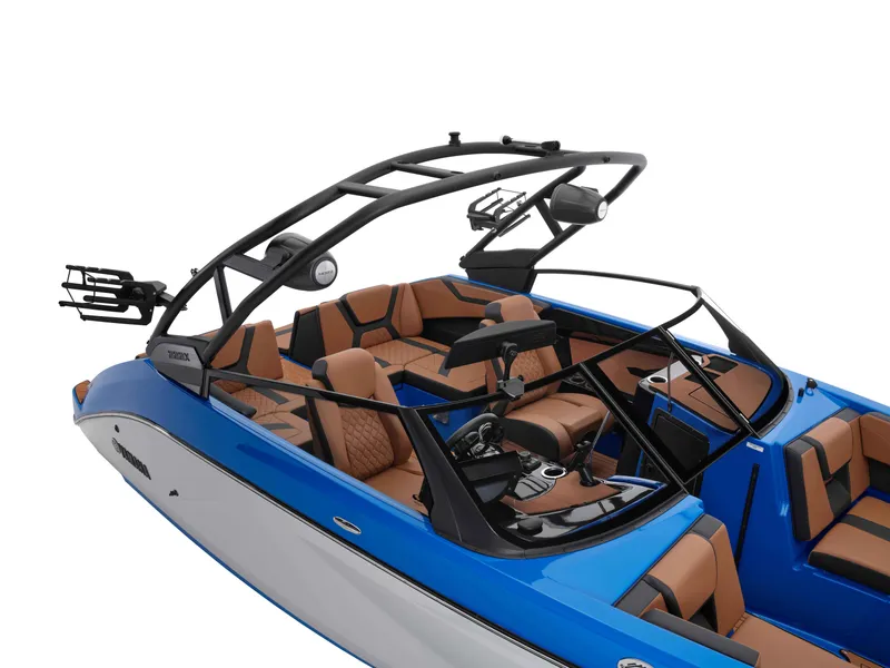 Slide: The Image of 2025 Yamaha Boats 222XD, blue and white, luxury interior, sleek design. - 36