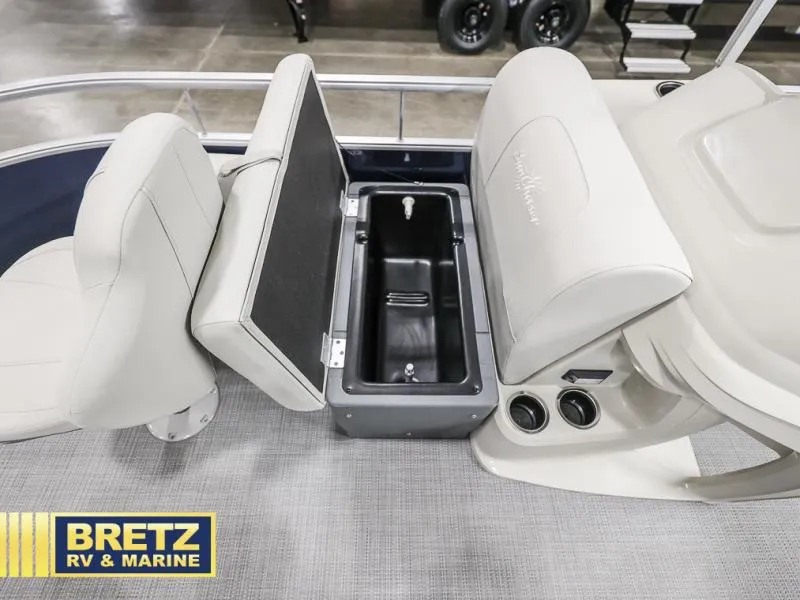 Slide: The Image of 2025 Vista Fish 18 boat interior with storage compartment open, displayed at Bretz RV & Marine. - 18
