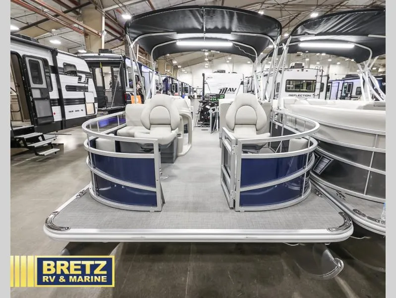 Slide: The Image of 2025 Vista Fish 18 pontoon boat displayed at Bretz RV & Marine showroom. - 3