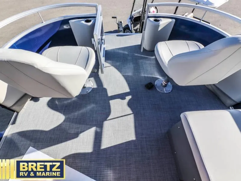 Slide: The Image of Vista Fish 18 boat interior with seating, 2025 model, Bretz RV & Marine logo. - 13