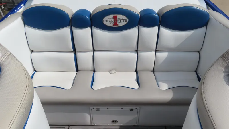 Slide: The Image of 2007 Cigarette 38 Top Gun boat seating with blue and white upholstery. - 10