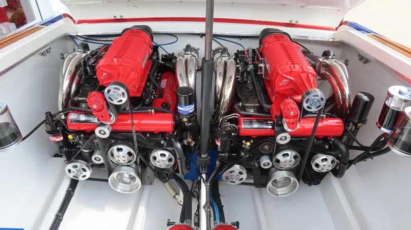 Slide: The Image of Twin red engines in a 2007 Cigarette 38 Top Gun boat. - 20