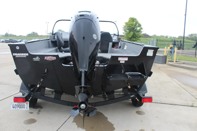 Slide: The Image of 2023 Tracker PG 175 WT SW boat, rear view, parked on a trailer. - 10