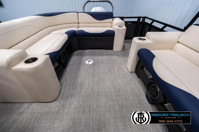 Slide: The Image of Luxurious interior of 2025 Tahoe LTZ EL boat with plush seating and cup holders. - 14