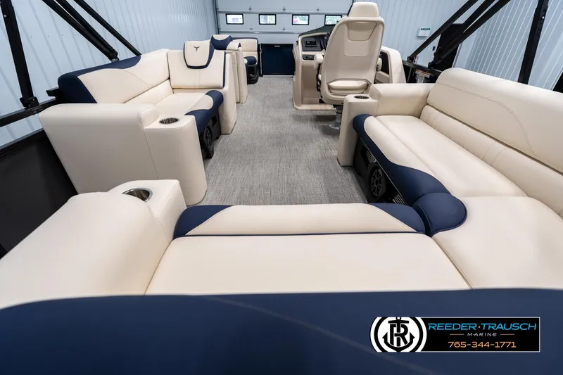 Slide: The Image of Luxurious interior of 2025 Tahoe LTZ EL pontoon boat with plush seating and modern design. - 15