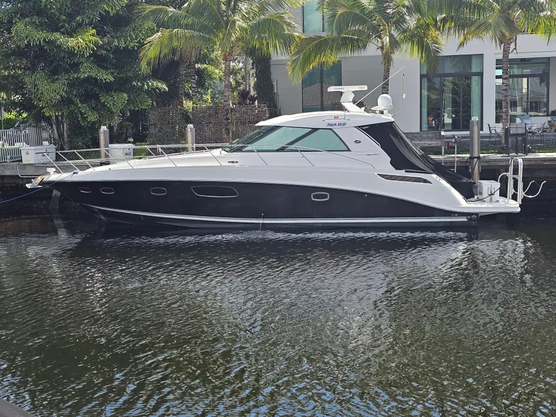 Slide: The Image of 2012 Sea Ray SUNDANCE yacht docked by palm trees and modern building. - 0