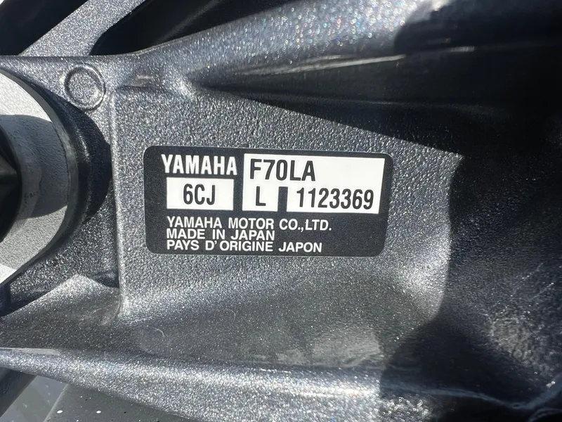 Slide: The Image of Yamaha F70LA engine label on 2025 Fish Rite Angler 18, made in Japan. - 15