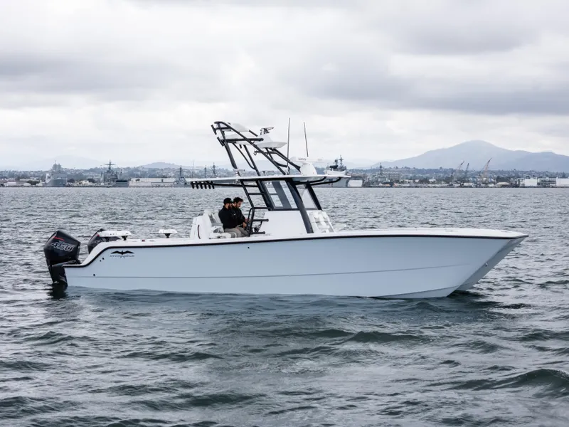 Slide: The Image of 2020 Invincible 35 Catamaran on water, overcast sky, side view. - 5