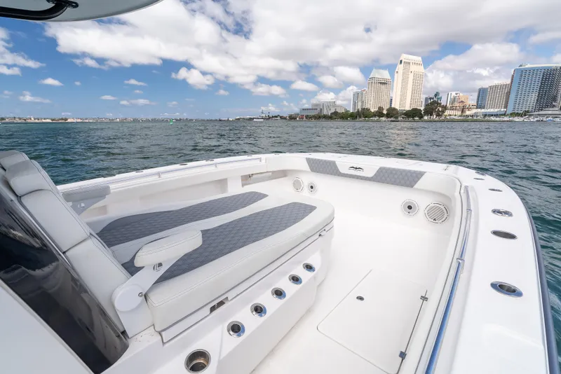 Slide: The Image of Invincible 35 Catamaran 2020 on water with city skyline in background. - 8