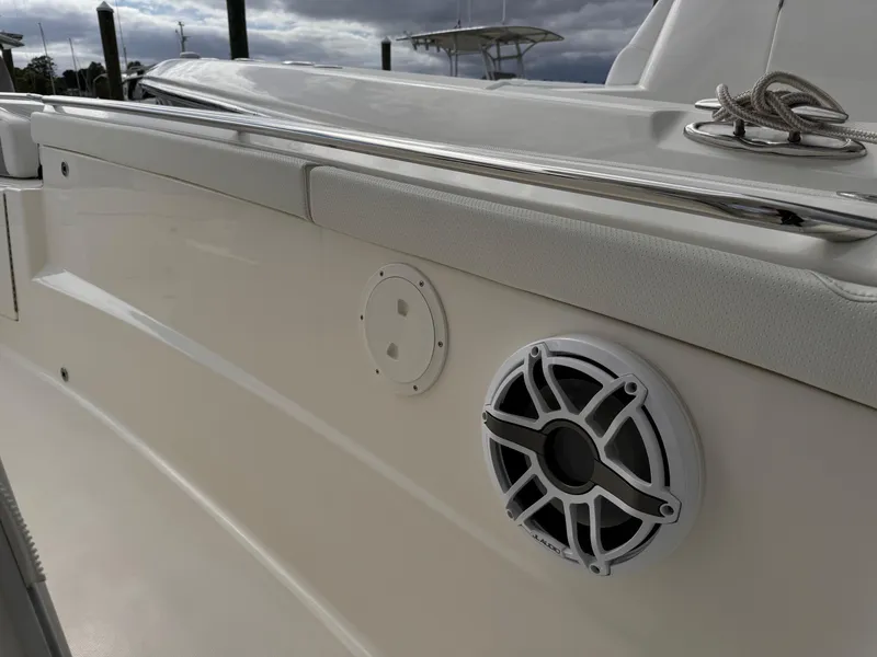 Slide: The Image of 2023 Pursuit S 328 Sport boat with speaker and sleek design. - 35