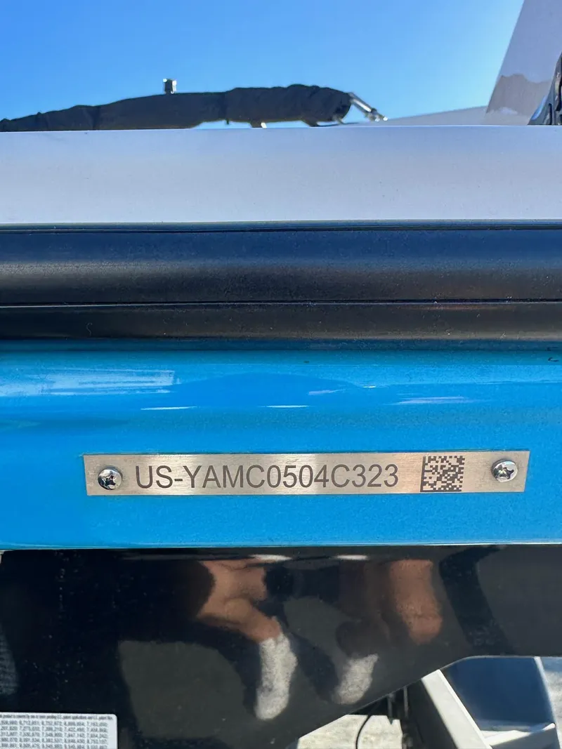 Slide: The Image of 2023 Yamaha AR250 boat identification plate with serial number and QR code. - 24