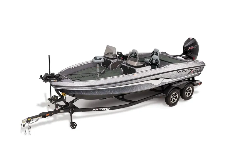Slide: The Image of 2024 Nitro ZV20 fishing boat on trailer, sleek design, dual seats, powerful engine. - 25