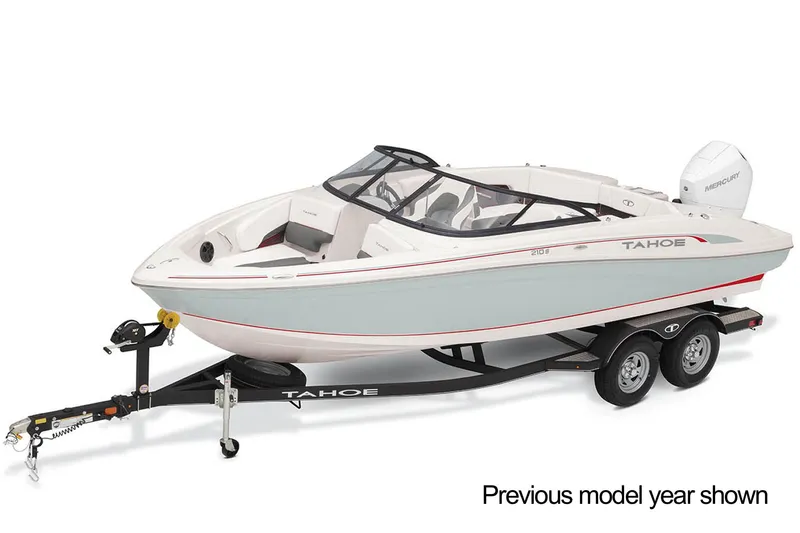 The Image of 2023 Tahoe 210 S boat on trailer, sleek design, white exterior, sunny day. - 0