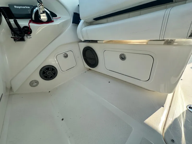 Slide: The Image of Interior of 2015 Sea Ray 300 SLX boat with storage compartments and speakers. - 19