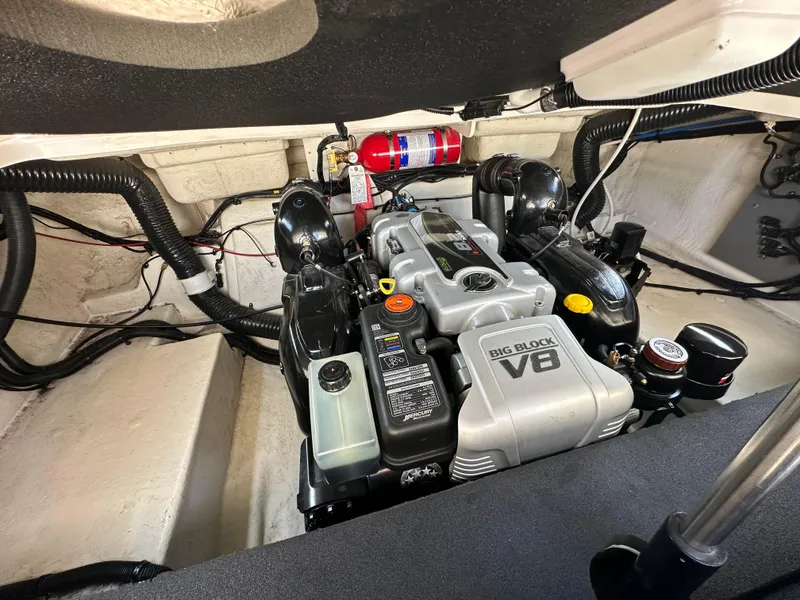 Slide: The Image of Engine compartment of 2015 Sea Ray 300 SLX with Big Block V8 engine. - 30