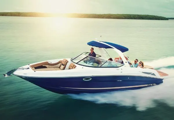 Slide: The Image of 2015 Sea Ray 300 SLX cruising on a sunny day with passengers onboard. - 32