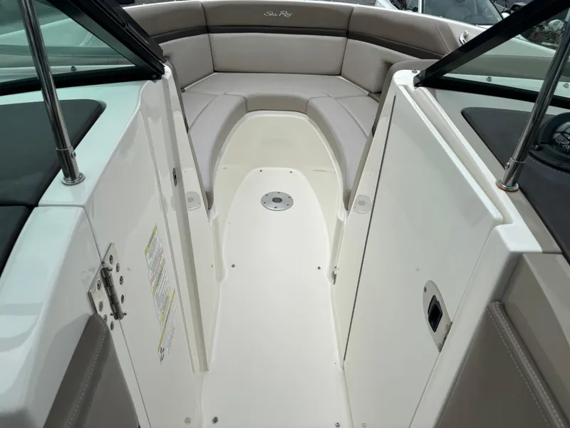 Slide: The Image of Interior view of 2013 Sea Ray 270 SLX boat, featuring spacious seating and sleek design. - 20