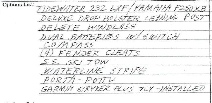 Slide: The Image of Options list for 2021 Tidewater 232 LXF boat with Yamaha F250XB engine. - 15