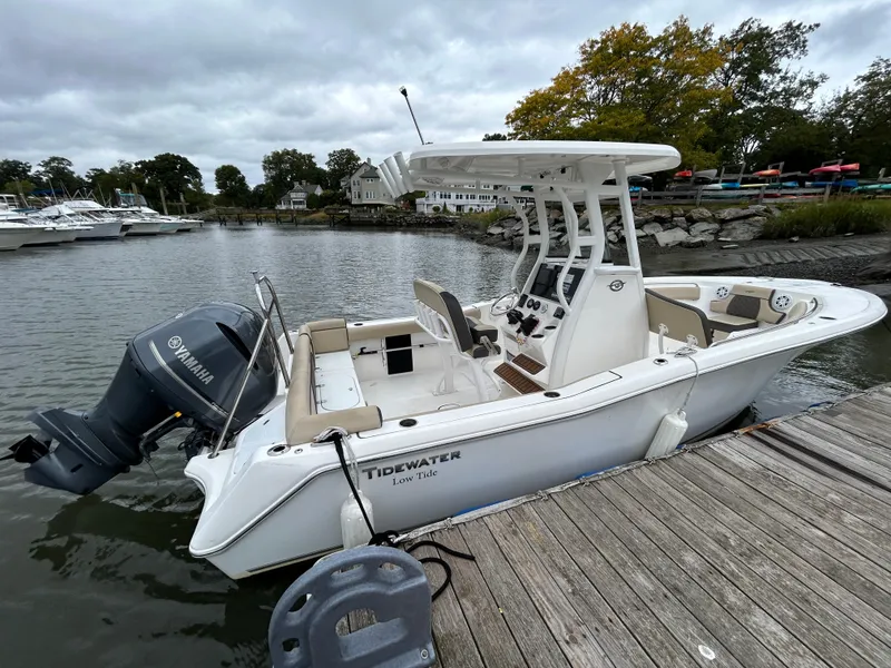 Slide: The Image of 2021 Tidewater 232 LXF boat docked by a scenic waterfront. - 2