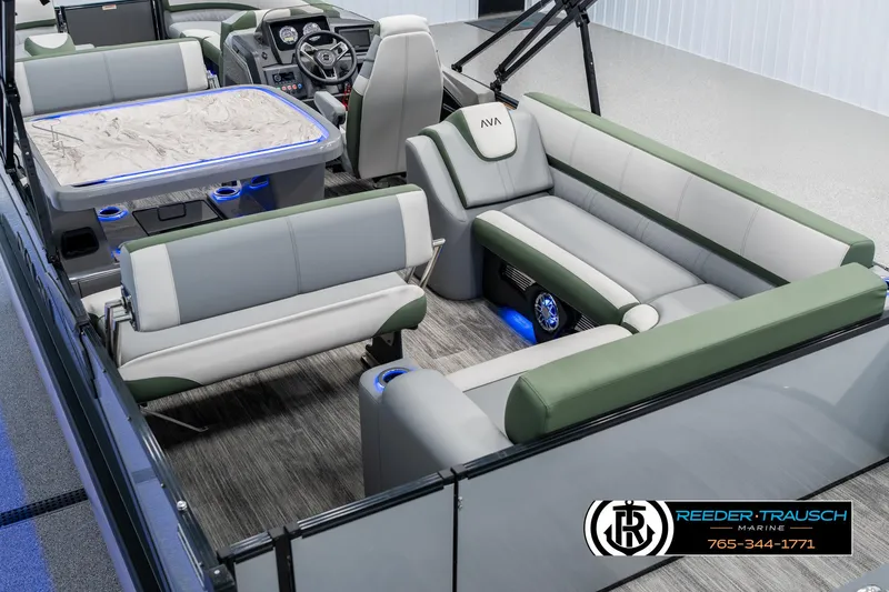 Slide: The Image of 2025 Avalon Catalina Entertainer boat interior with luxurious seating and modern design. - 10