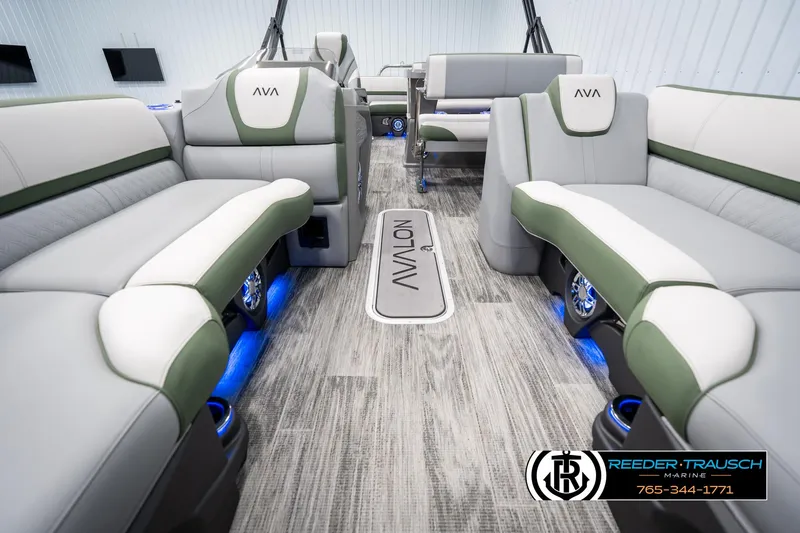 Slide: The Image of Luxurious interior of 2025 Avalon Catalina Entertainer pontoon boat with modern seating and lighting. - 12