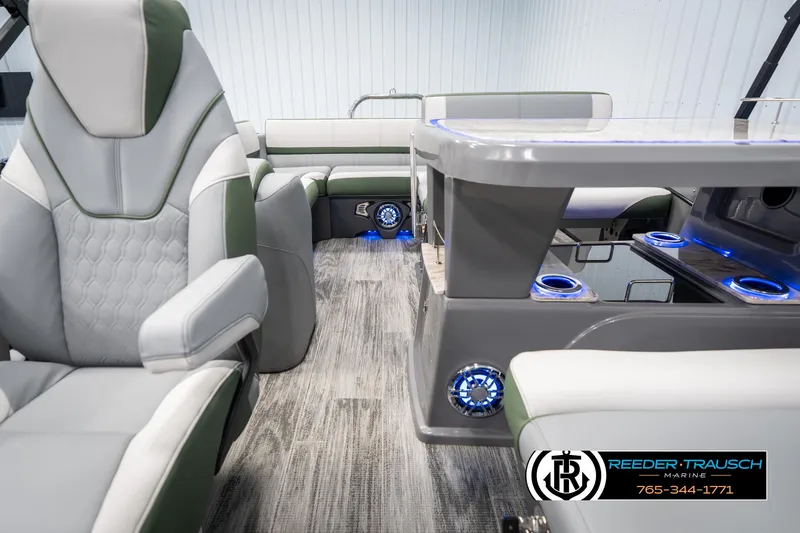 Slide: The Image of Luxurious interior of 2025 Avalon Catalina Entertainer boat with modern seating and LED lighting. - 13