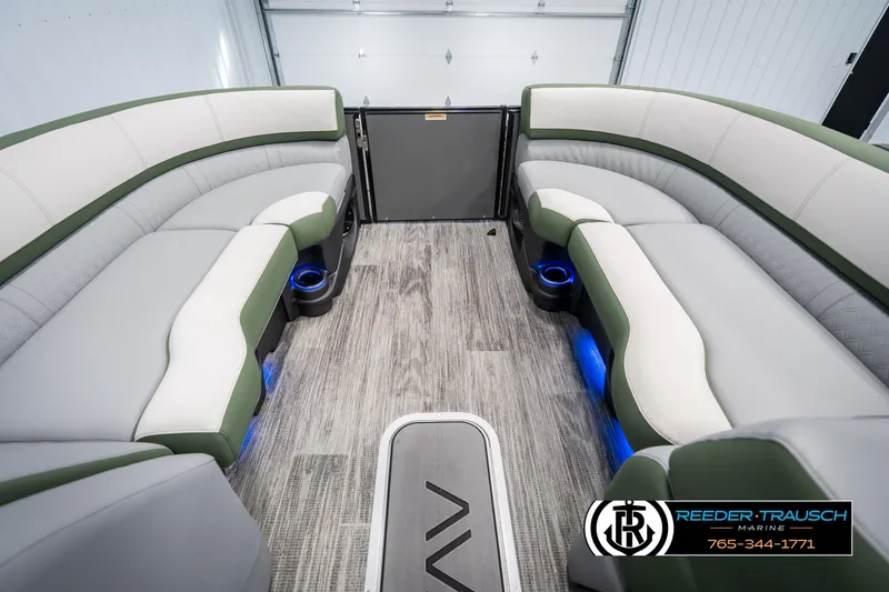 Slide: The Image of 2025 Avalon Catalina Entertainer interior with luxurious seating and ambient lighting. - 17