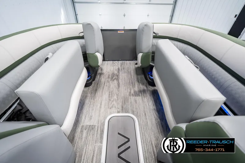 Slide: The Image of 2025 Avalon Catalina Entertainer boat interior with luxurious seating and modern design. - 18