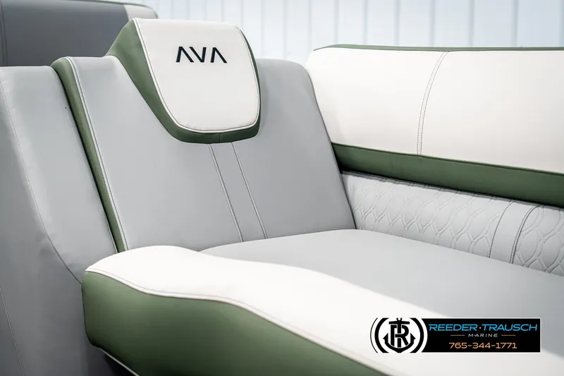 Slide: The Image of 2025 Avalon Catalina Entertainer boat seat with elegant gray and green upholstery. - 36